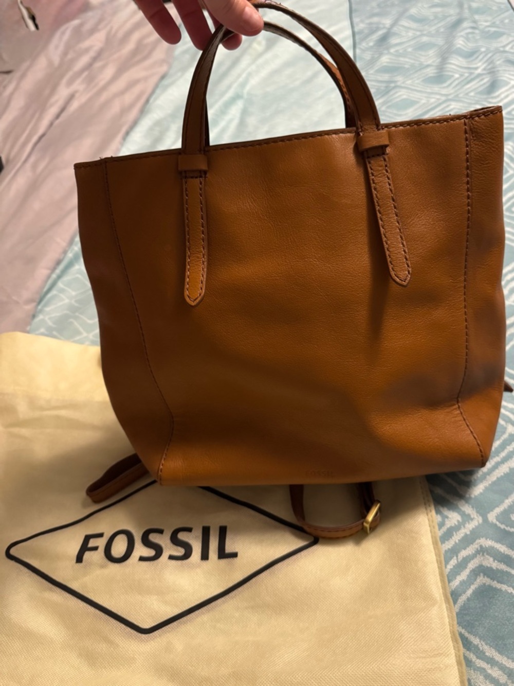 Fossil Cognac Leather Tote with Top Handles